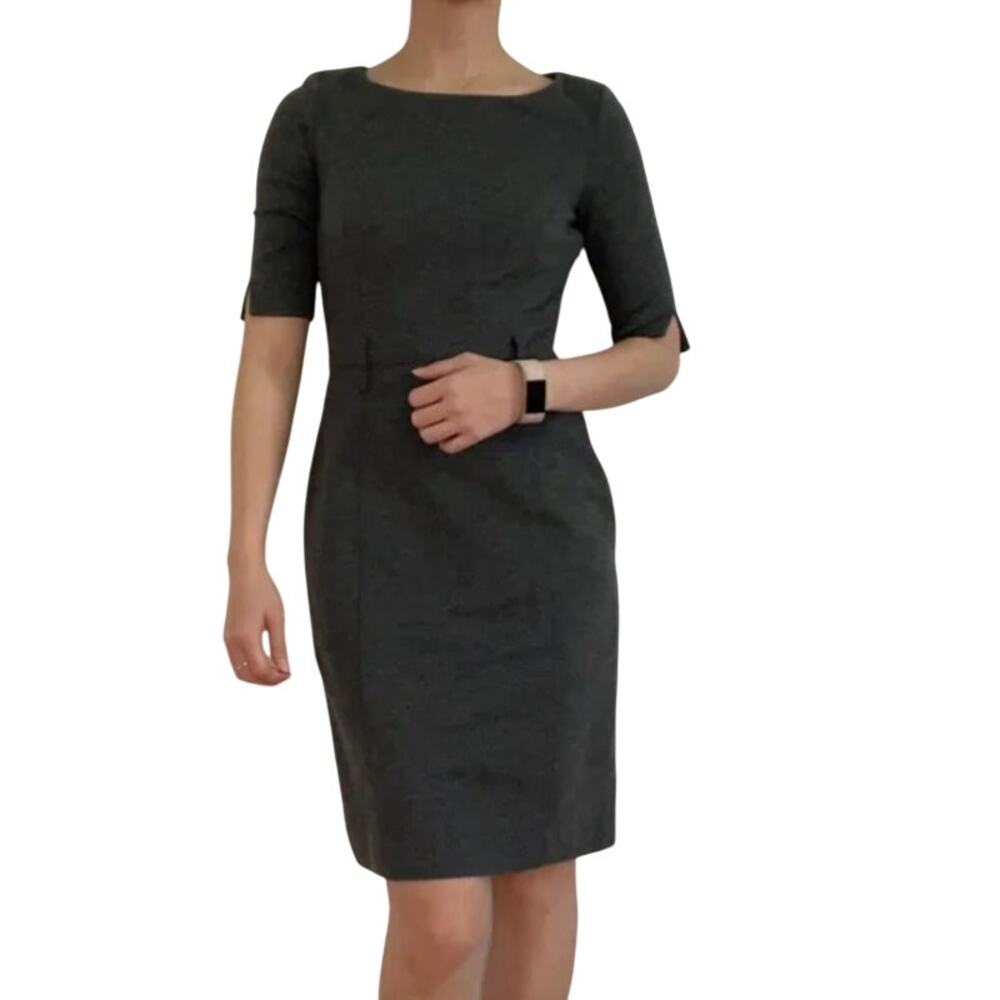 Banana Republic Short Sleeve Shift Career Dress Sz 8P Gray Stretch Midi Preppy